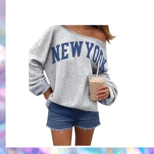 Remidoo Off-Shoulder Sweater in Gray with Blue New York Lettering  Size M. New